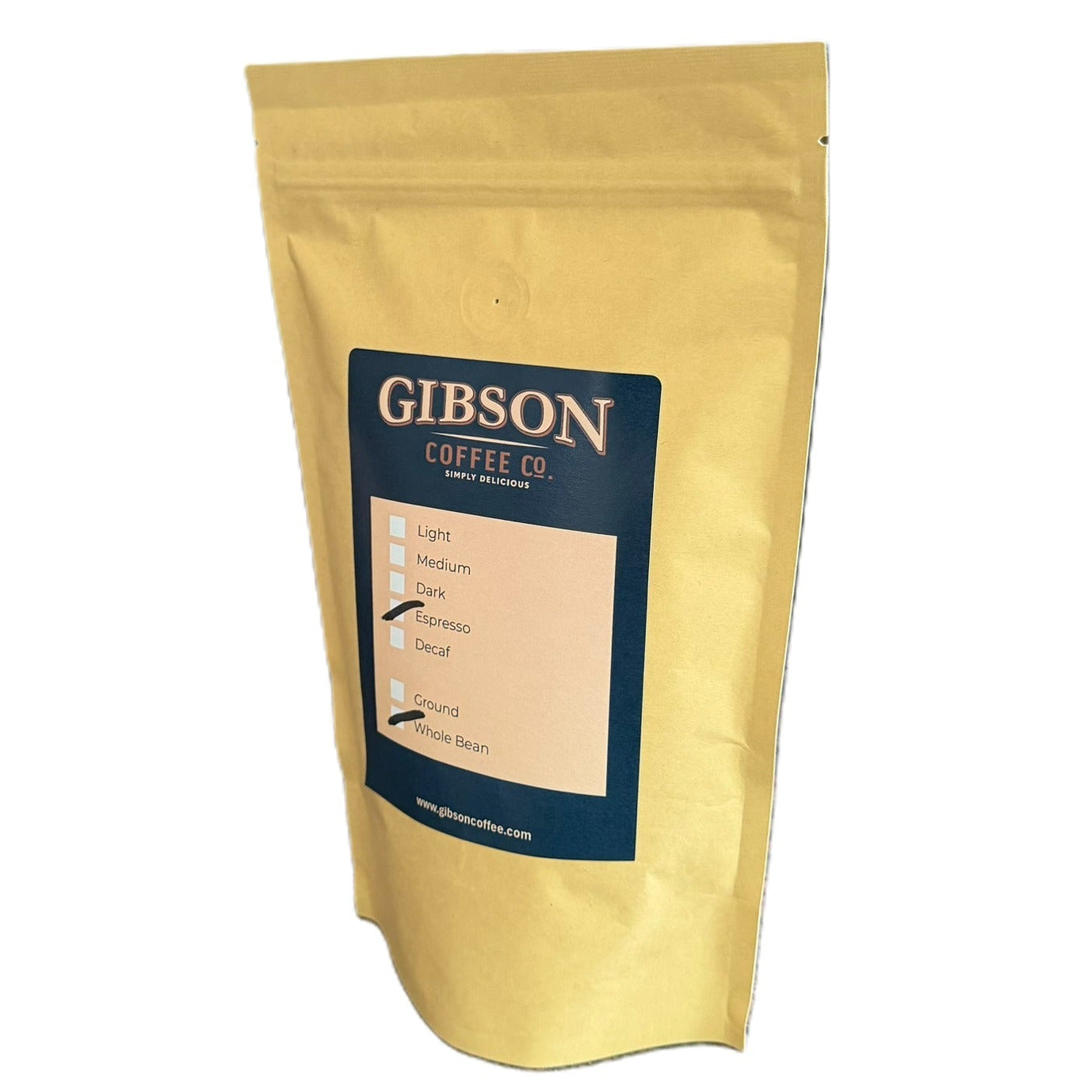 Brown kraft coffee bag with a blue Gibson Coffee Co. label marked Espresso roast and Whole Bean.