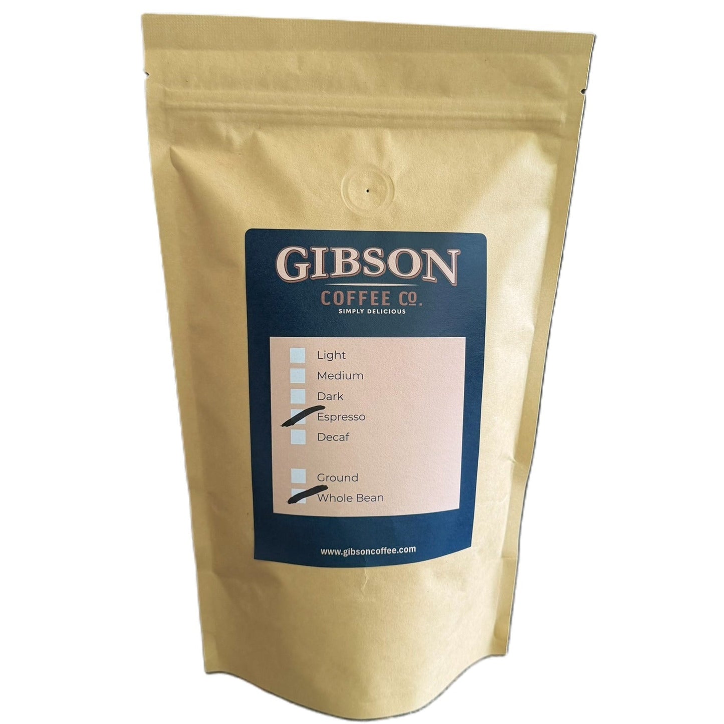 Brown kraft coffee bag with a blue Gibson Coffee Co. label marked Espresso roast and Whole Bean.