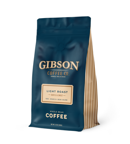 Gibson Coffee Light Roast bag with bright, crisp, small‑batch coffee and fruity flavor notes.