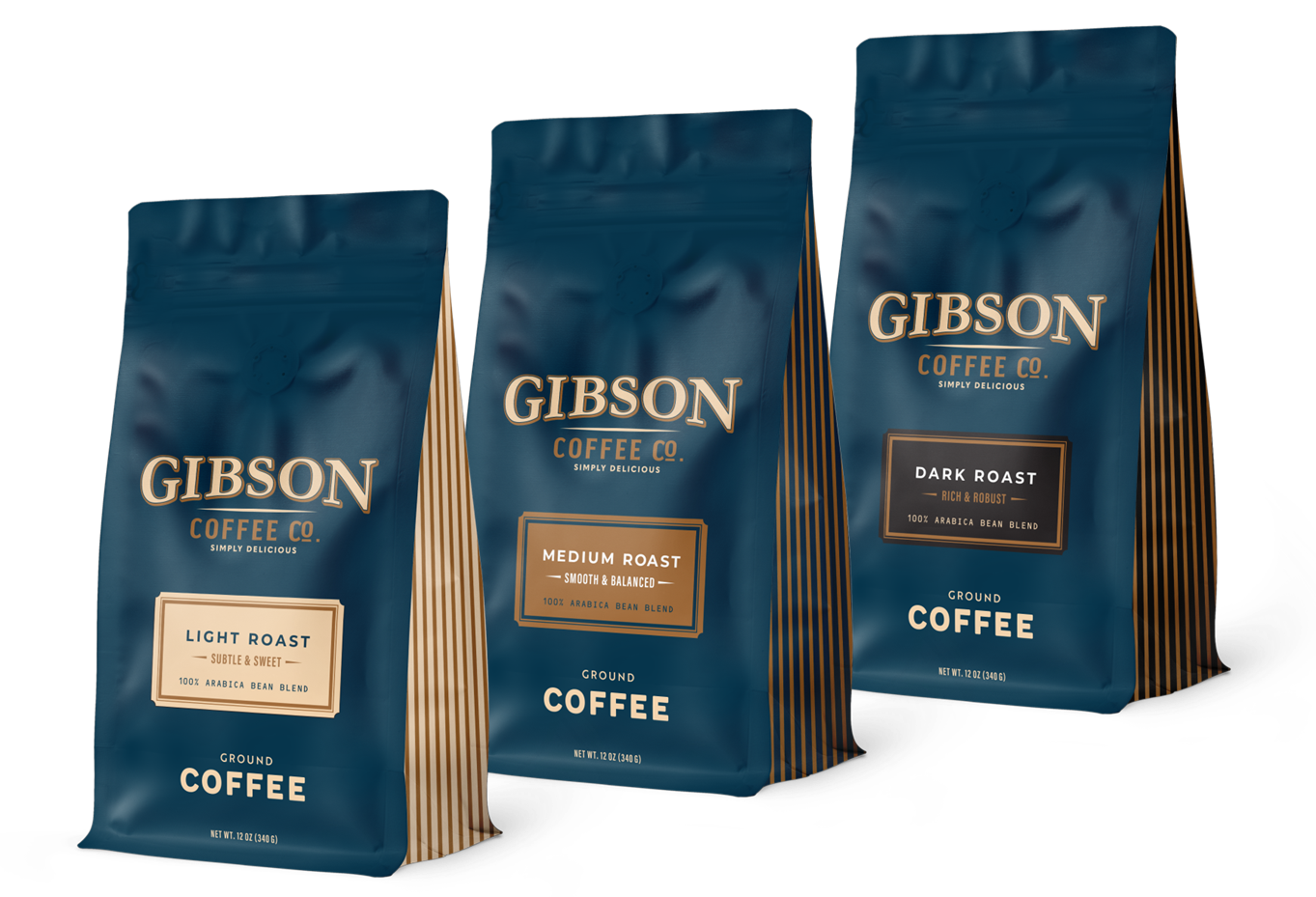 Gibson Coffee ground sampler featuring Light, Medium, and Dark Roast Arabica coffee bags.
