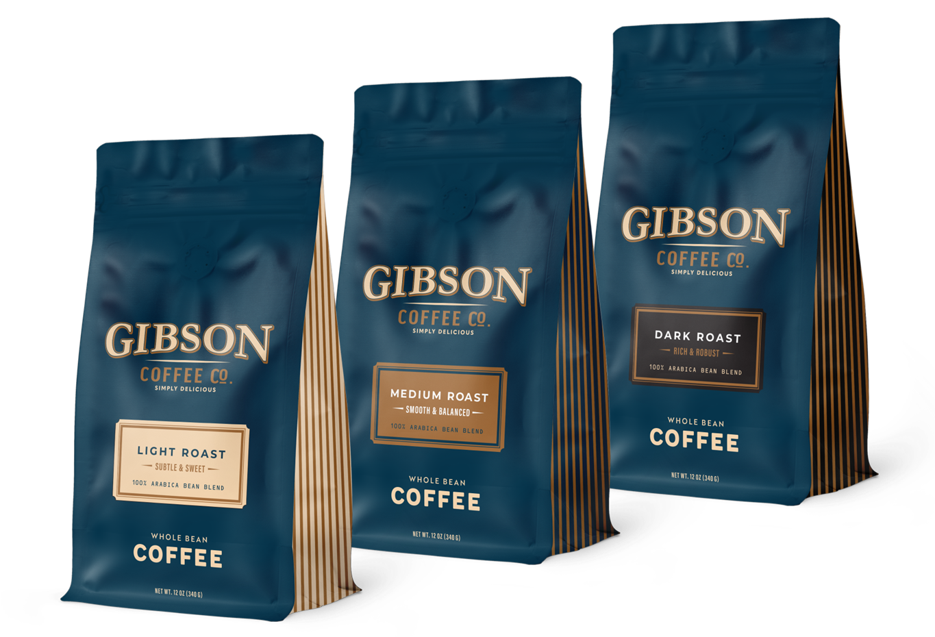 Whole bean coffee sampler bundle with three 12oz bags of Light, Medium, and Dark Roast from Gibson Coffee.