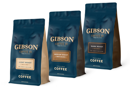 Whole bean coffee sampler bundle with three 12oz bags of Light, Medium, and Dark Roast from Gibson Coffee.