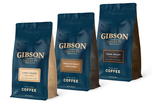 Whole bean coffee sampler bundle with three 12oz bags of Light, Medium, and Dark Roast from Gibson Coffee.